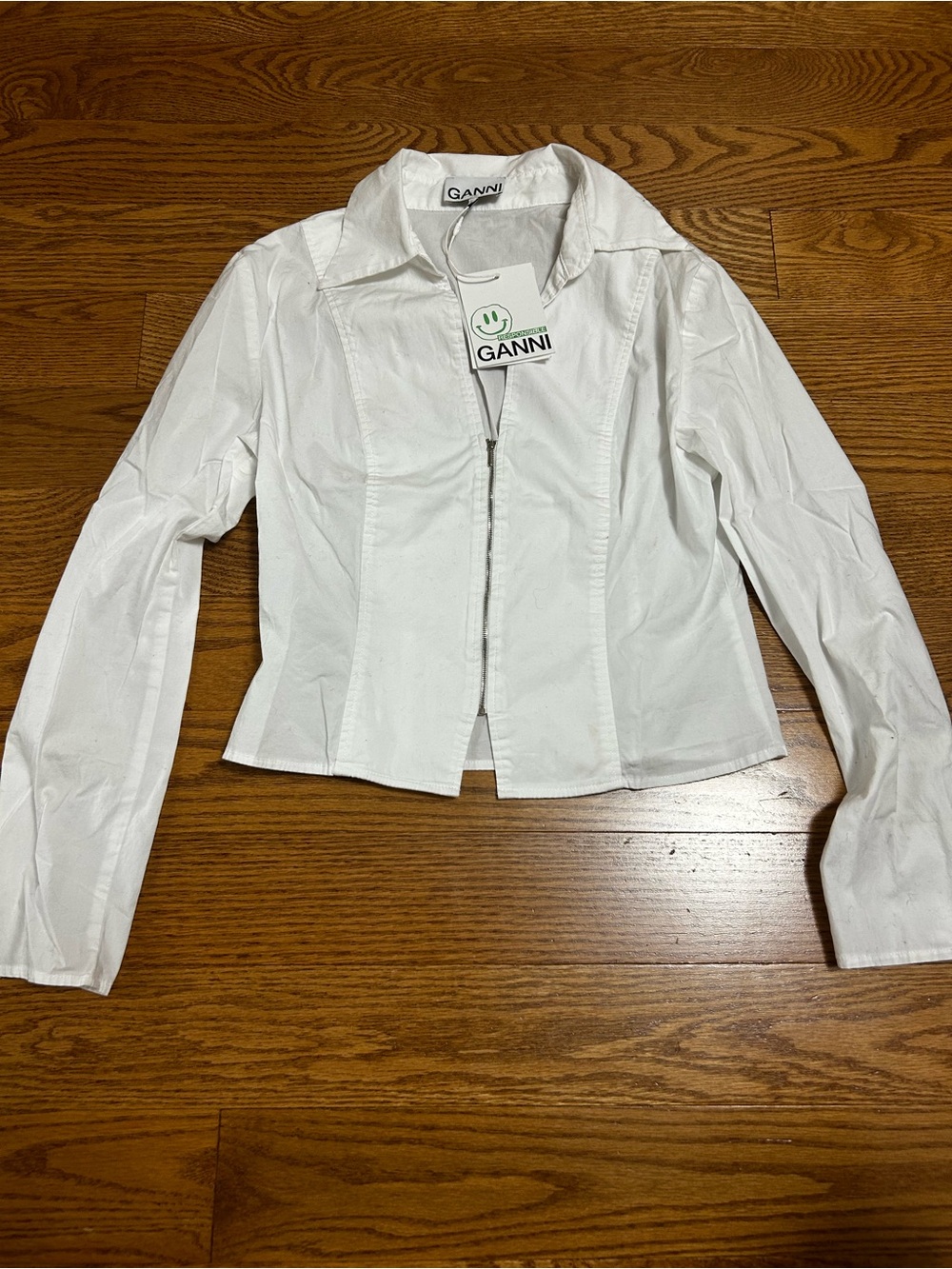Ganni White Zip Front Shirt Organic Cotton NWT
